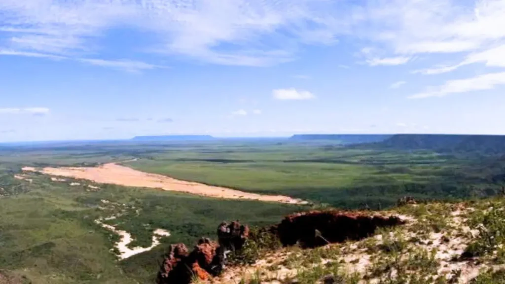 Paisagem natural do Jalapão com dunas douradas, vegetação do cerrado e céu azul ao fundo.