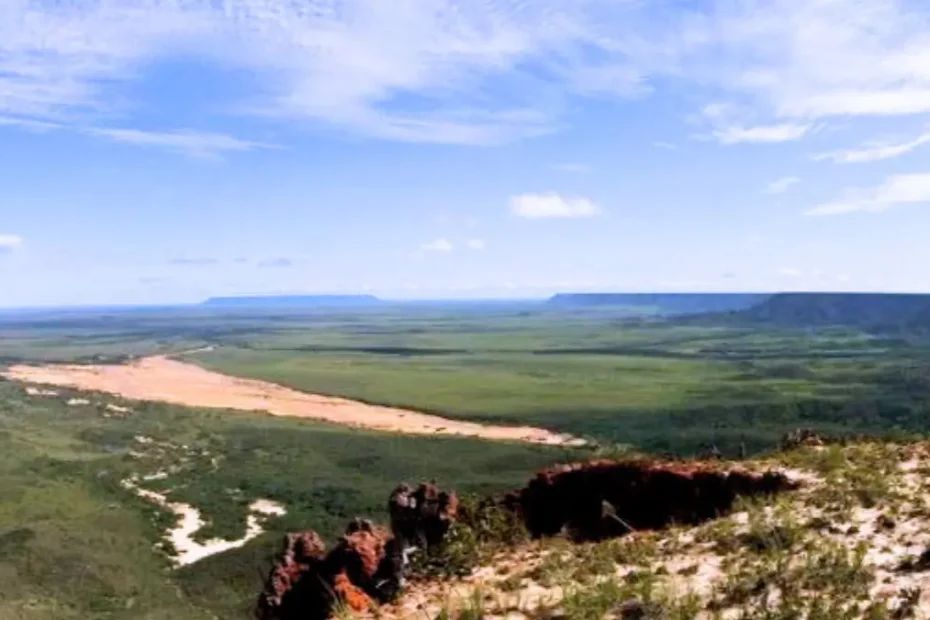 Paisagem natural do Jalapão com dunas douradas, vegetação do cerrado e céu azul ao fundo.